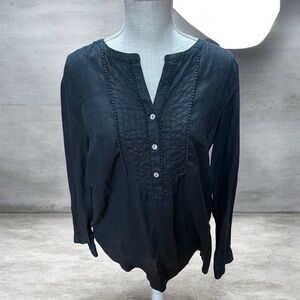 J. Jill Love Linen Black Long Sleeve Pintuck Button Front Tunic Sz M